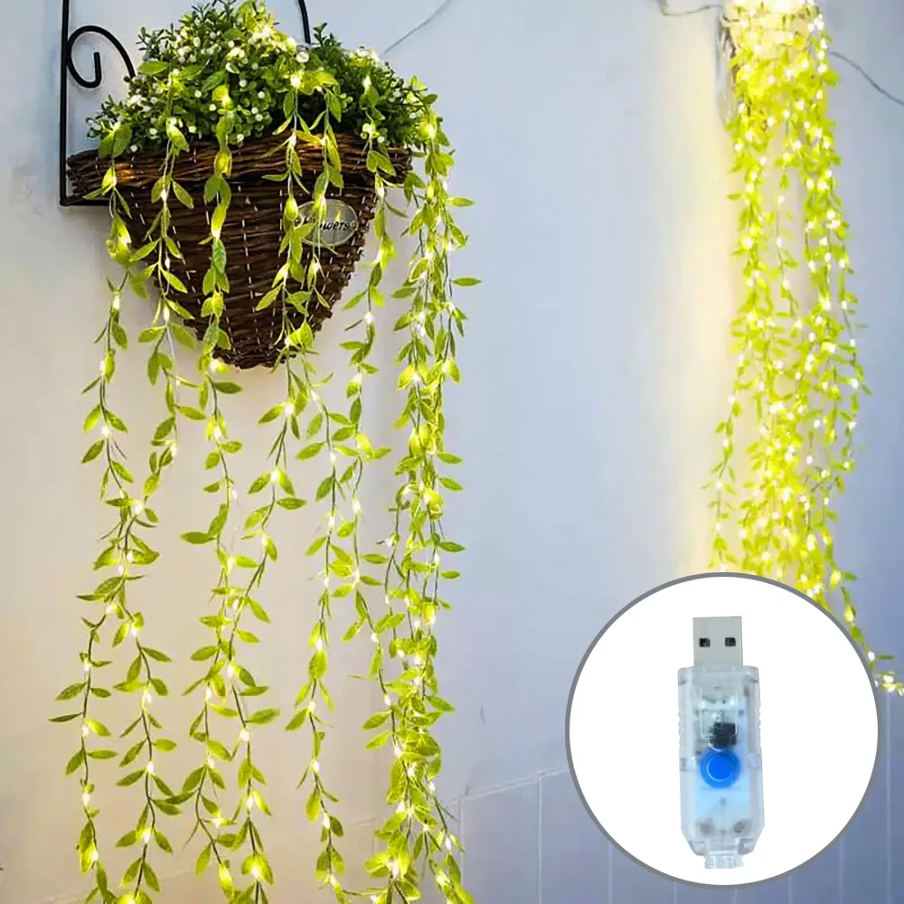 LED curtain light simulation willow leaf light 8 function USB power supply green leaf vine light courtyard decoration