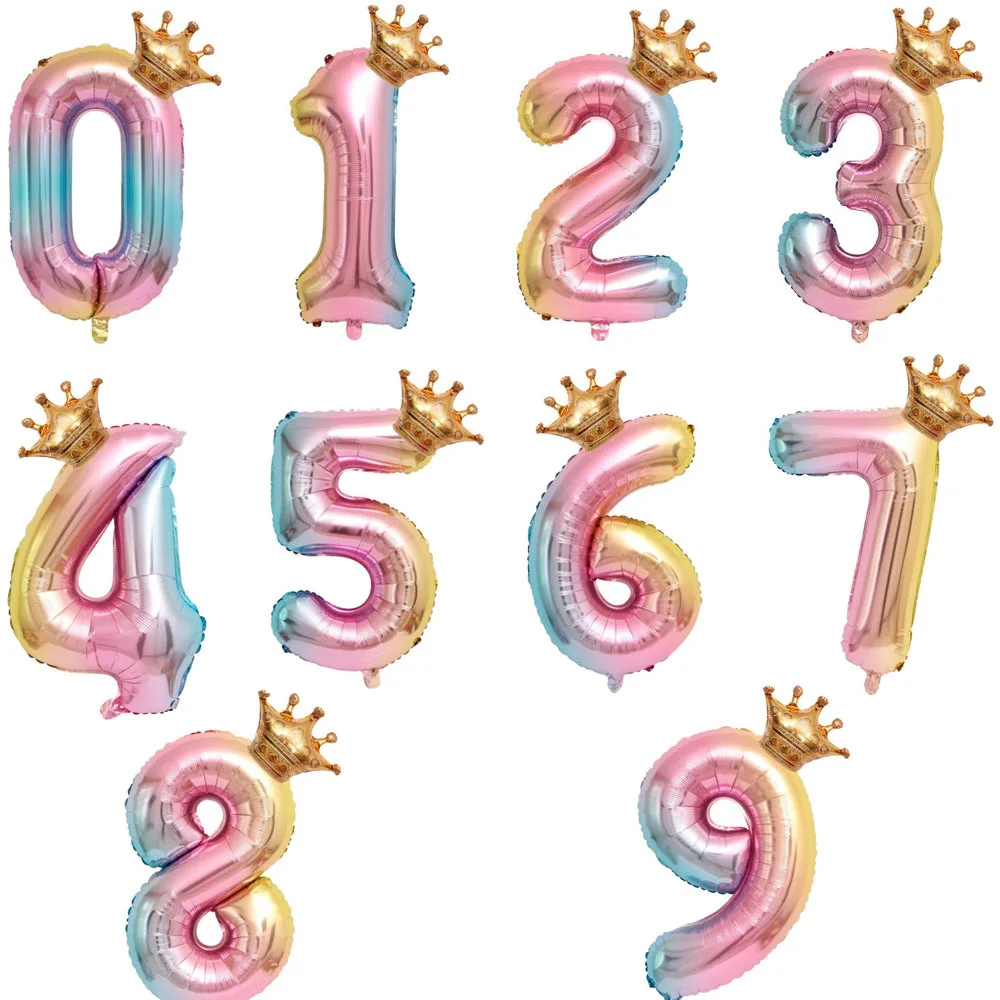 

100Pcs 32” 40”Crown Foil Number Balloons Gradient Color Digital Balloon For Baby Shower Wedding Anniversary Birthday Party Decor