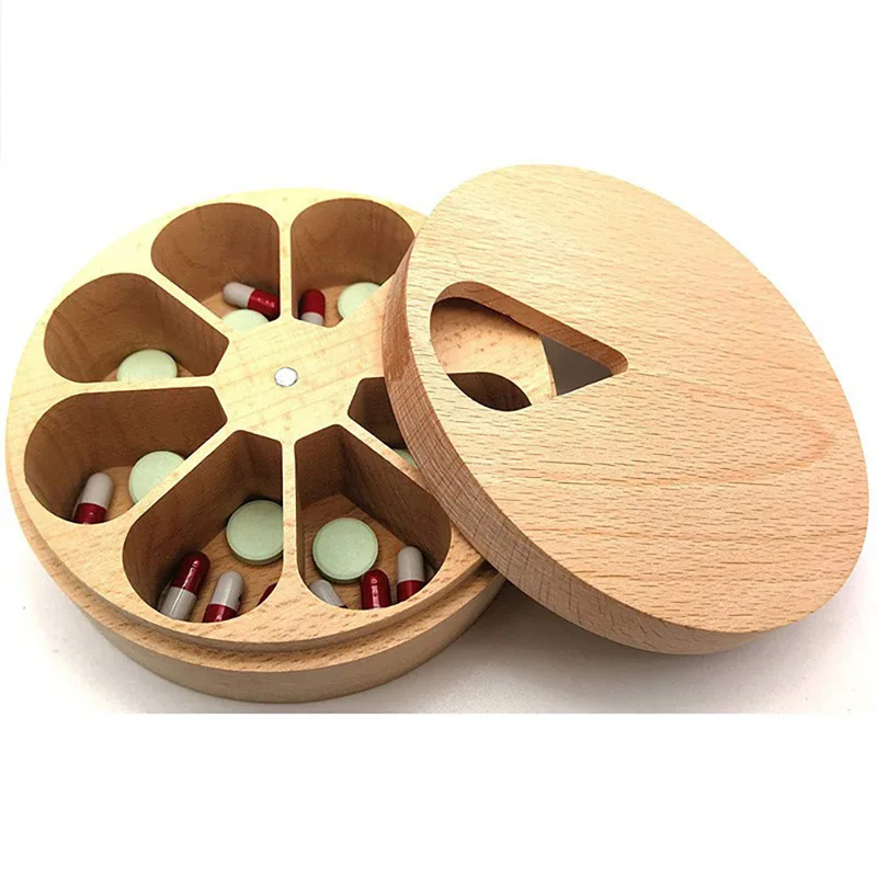 7 Days Weekly Wooden Pill Case Storage Box Solid Wood Pillbox Compartment Medicine Tablet Dispenser Splitters Organizer