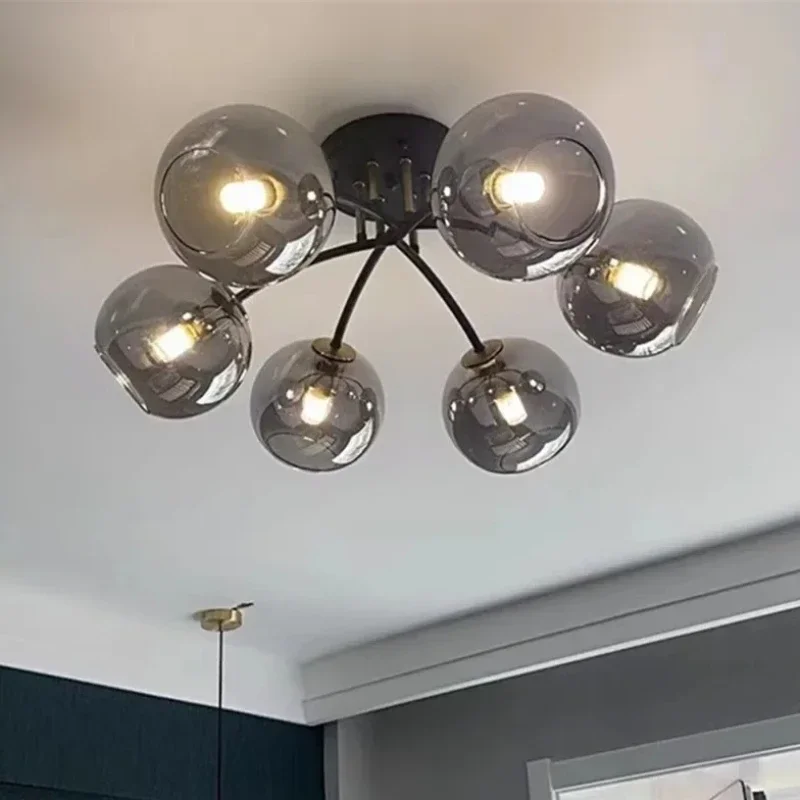 

Modern Led Ceiling Lights Transparent Smoke Grey Glass Lampshade Design Black Gold Nordic Ceiling Lamp Bedroom Decoration Light