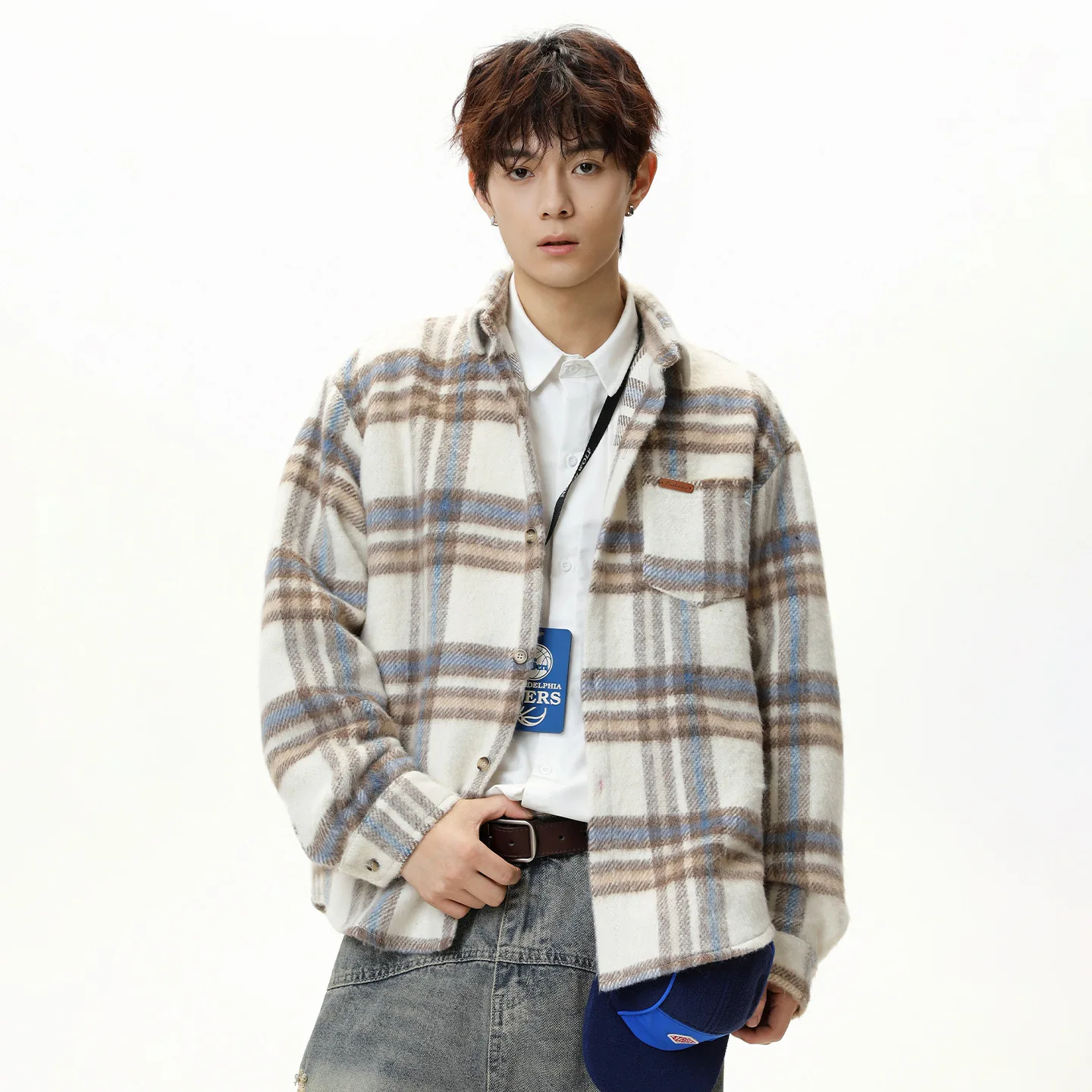 

Текстурированная шерстяная рубашка с длинными рукавами в клетку с цветными блоками для мужчин, осенний свободный стиль, утолщенная модная брендовая рубашка большого размера, куртка 7FIL