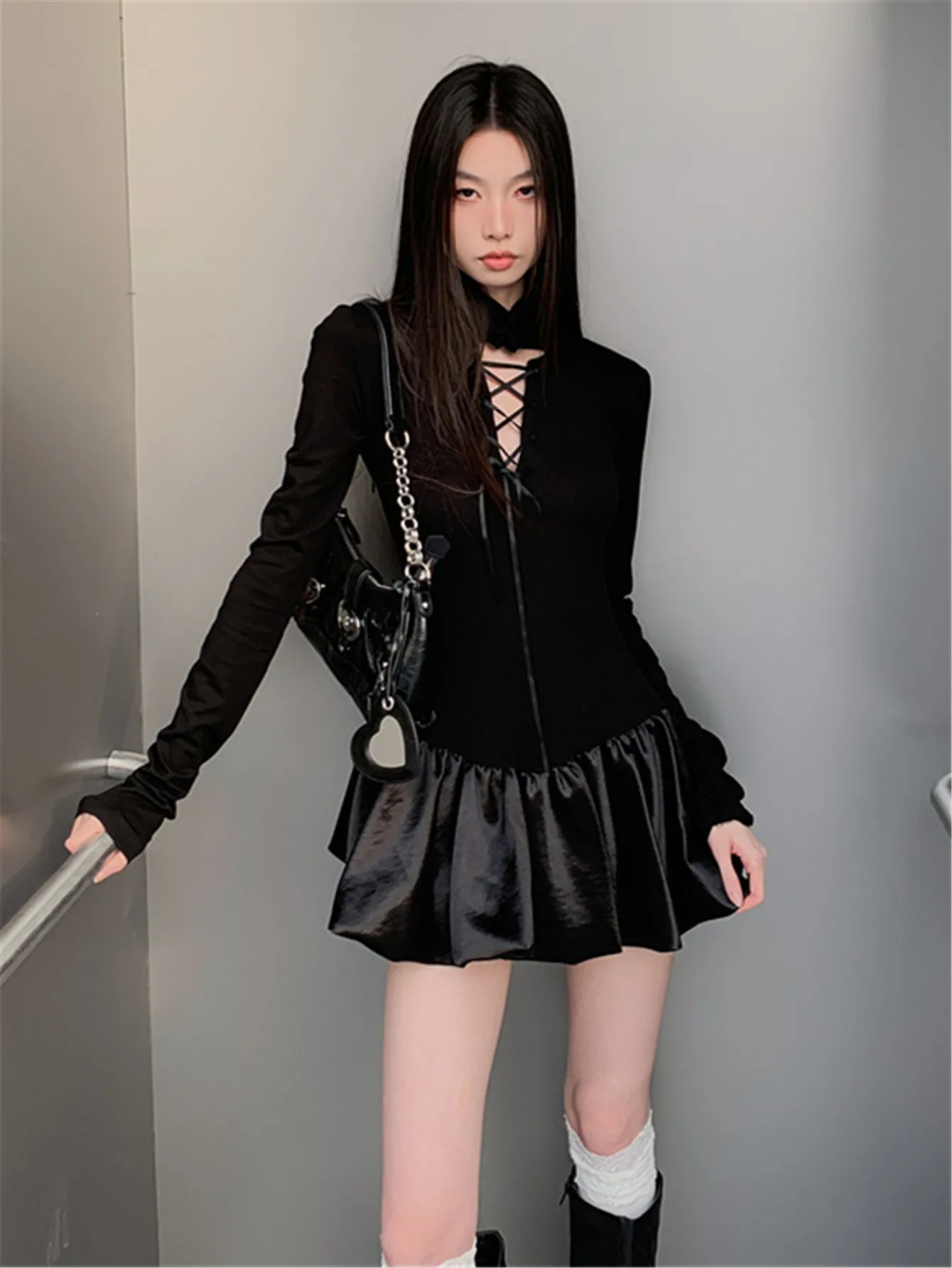 Gothic Black Short Bud Dress Ball Gown for Woman Vintage Punk Style Neck Mounted Bandage Mini Short Dresses Party Night Vestido