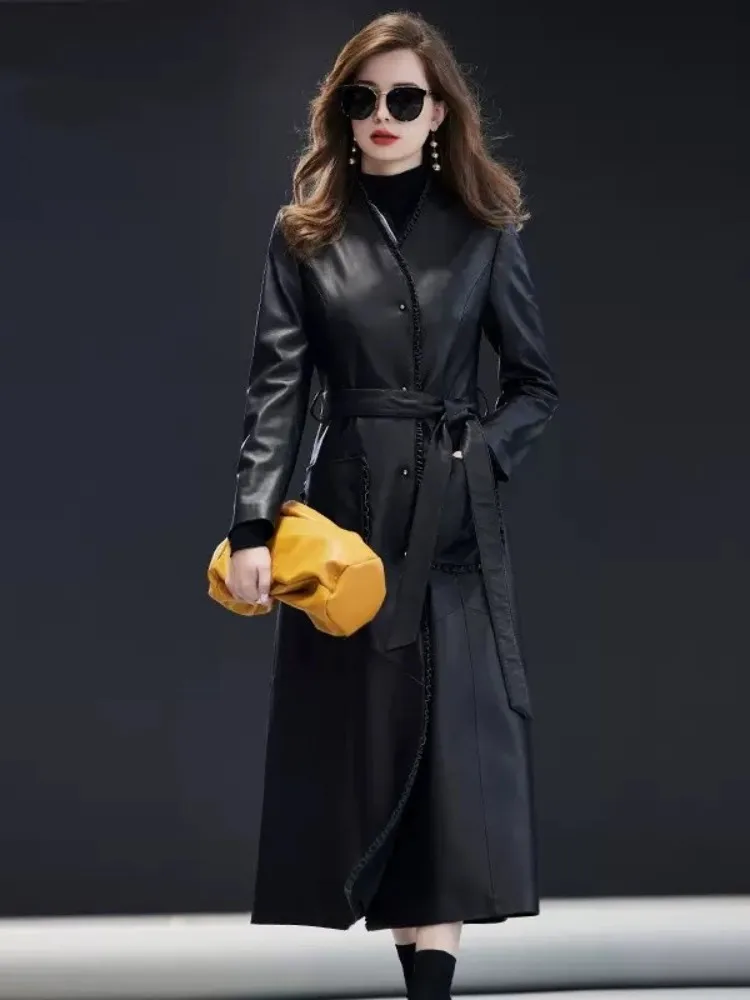 Brand High Quality Natural Sheepskin Office Ladies Trench Coat V-Neck Elegant Single Breasted Womens Genuine Leather Overcoat