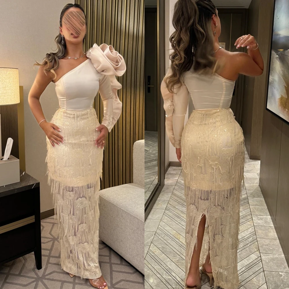 Customized Temperament Jersey  Evening Dress Delicate One Shoulder Long Sleeves Homecoming Dress Modern Zipper Back Prom Dress