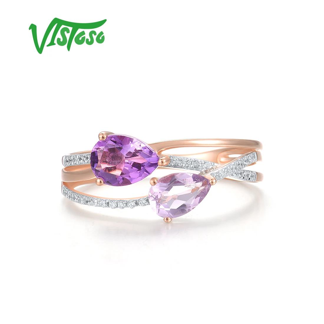 VISTOSO Real 14K 585 Rose Gold Ring For Women Sparkling Diamond Amethyst Charming Delicate Love Wedding Engagement Fine Jewelry