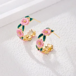 C-type Enamel Pink Color Wreath Flower Leaf Drop Earring for Women New Brincos Simple Everyday Gift Jewelry
