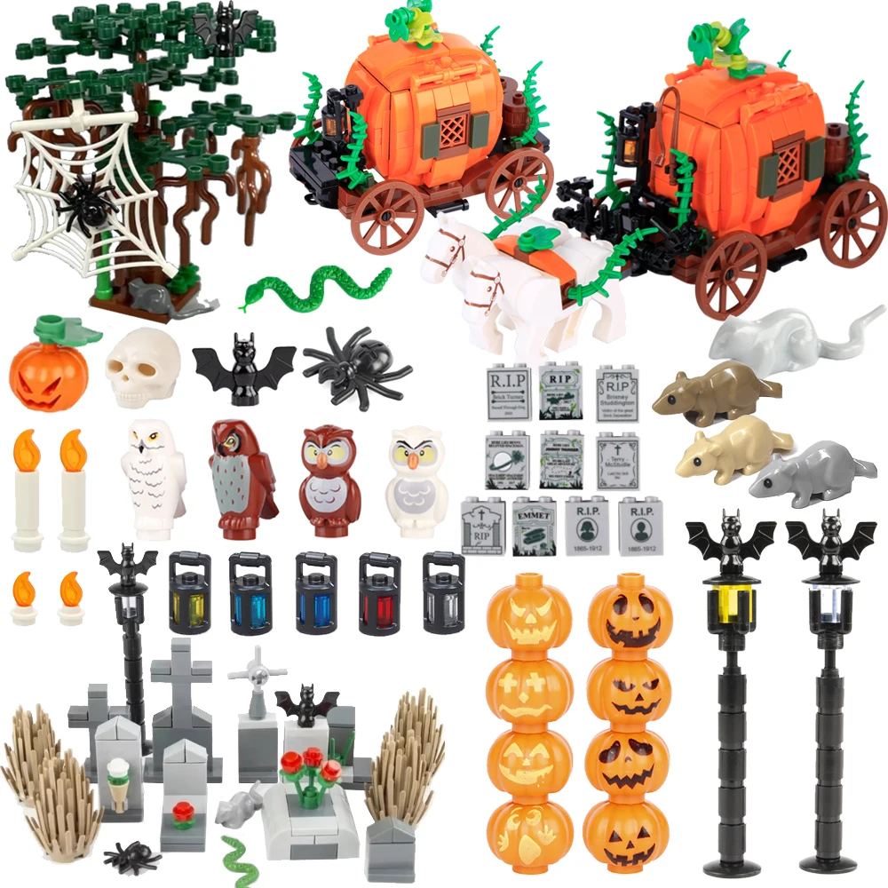 Halloween Scene Building Block Figure MOC Cemetery Tombstone Snake Mouse Pumpkin Car Bat Street Light Candle Brick Toy Gift K023