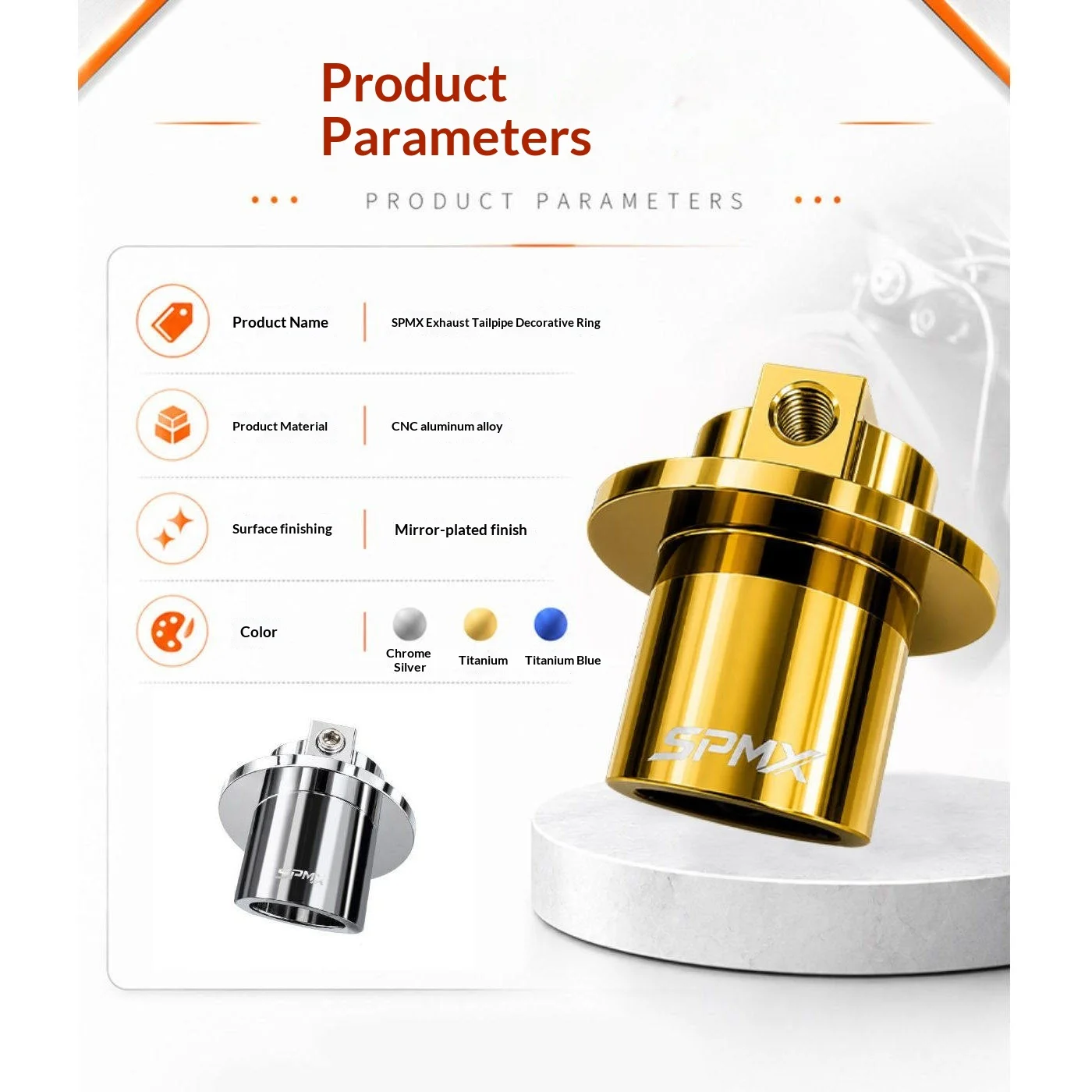 SPMX24 For ZONTES 368G / 368D / 368E All Series Exhaust Tip, CNC Machined Aluminum, Mirror Chrome Plated