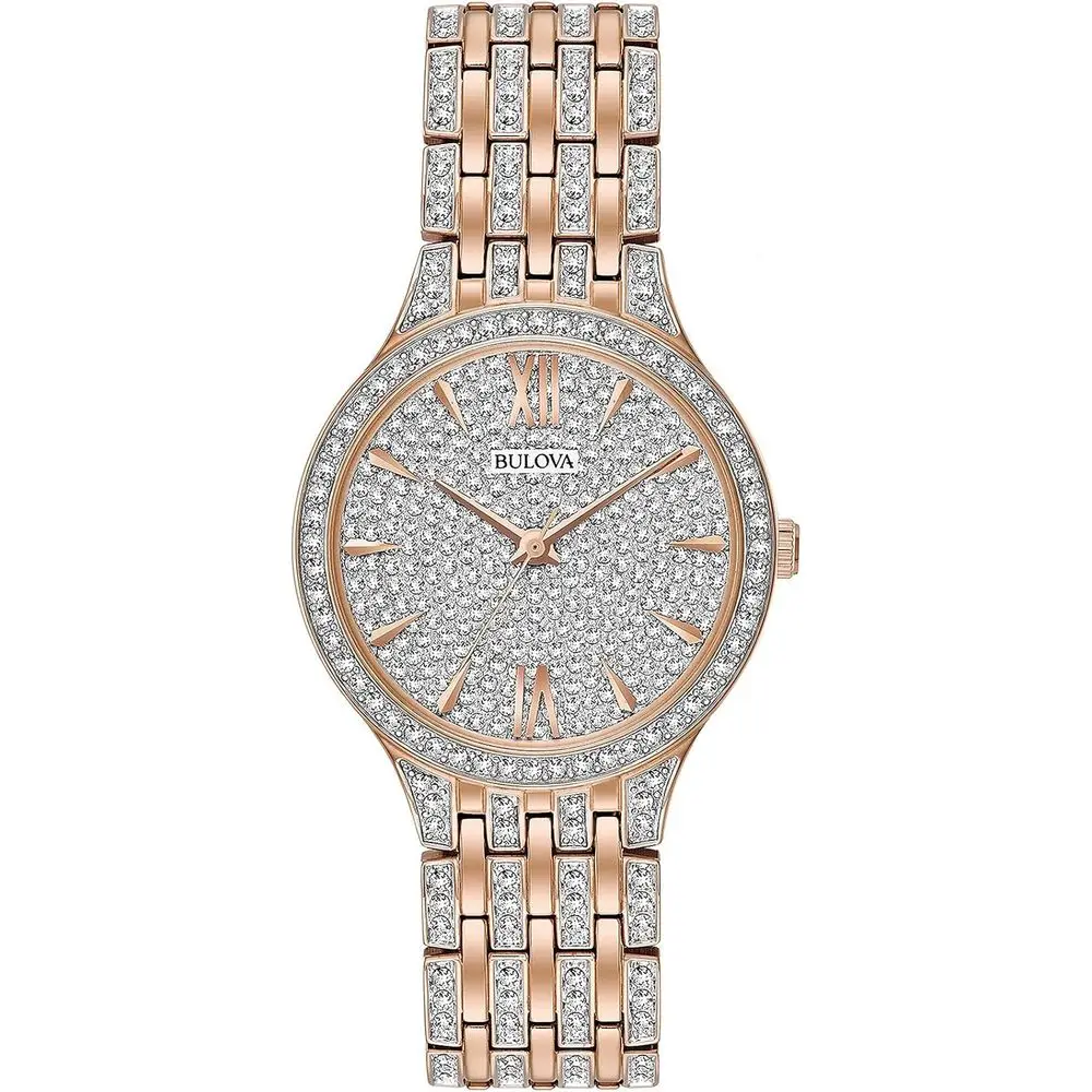 

Женские кварцевые часы Bulova Crystal Phantom из нержавеющей стали цвета розового золота с двумя стрелками, 440 кристаллами и циферблатом в стиле паве: 98L235