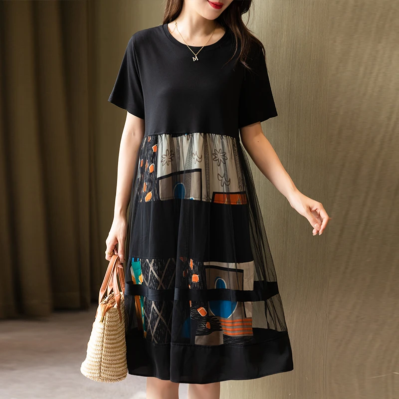 

2023 Summer Oversize Printed Chiffon Patchwork Dress For Women Clothing Retro Loose Short Sleeve Dress jp702