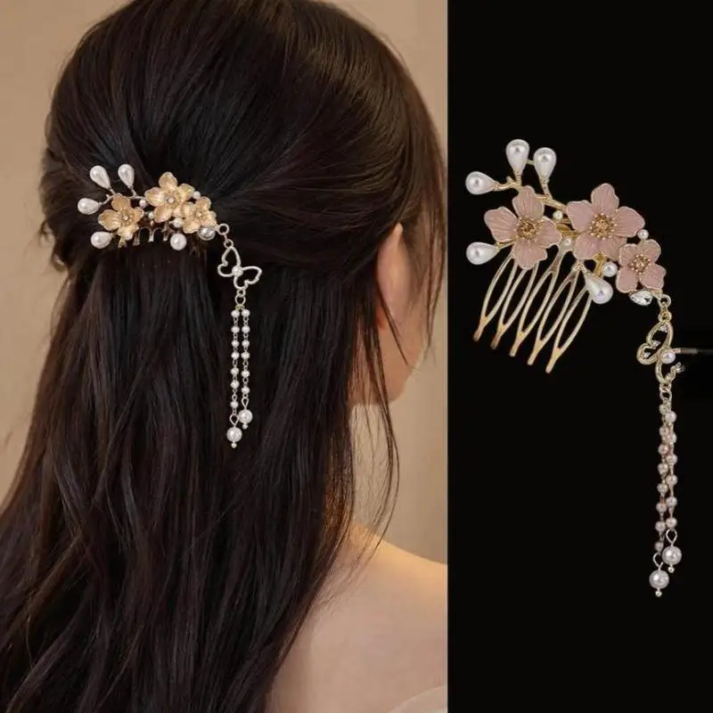 Chinesischer Quasten-Haarkamm, florale Perlen-Quasten-Haarnadel, Vintage-Hanfu-Haarnadel, Retro-Haaraccessoire für Damen, Party, Cosplay, Dekoration – Detail 2