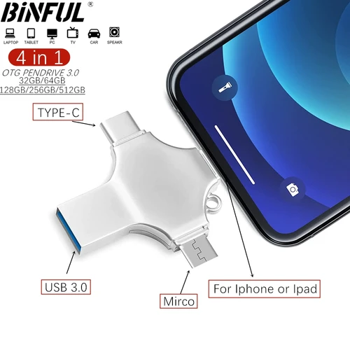 Para IPhone unidad Flash USB 3,0 de alta velocidad 512GB 256GB 1TB foto Stick 4 en 1 memoria de pulgar Pendrive para IPhone Android TYPE-C