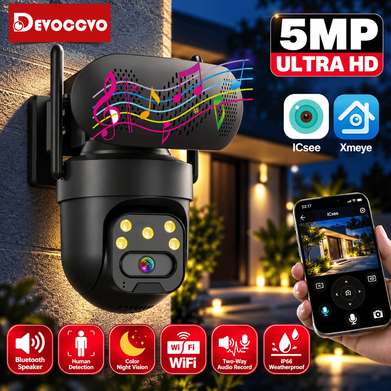 ICSEE 5MP WiFi PTZ Camera Bluetooth Music Player CCTV Outdoor CCTV Video Surveillance Camera Auto Tracking Wifi Security Monitor