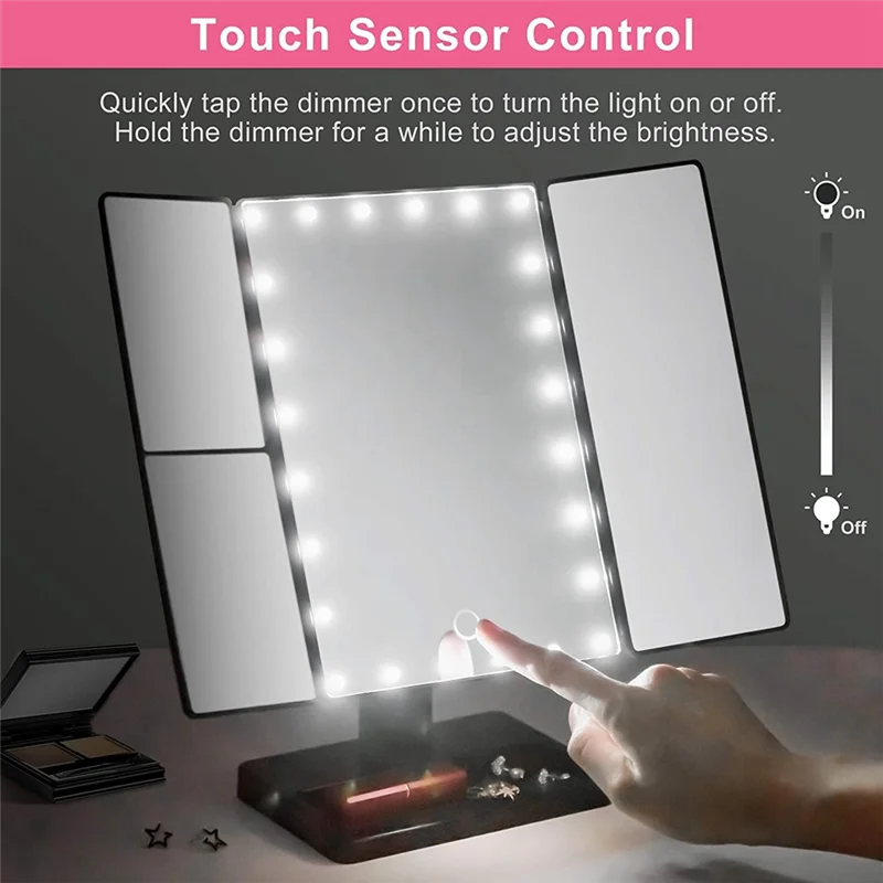 Miroir de maquillage à trois volets avec 22 lumières LED, grossissement 10X/3X/2X, miroir cosmétique de bureau de Table éclairé et pliable Portable