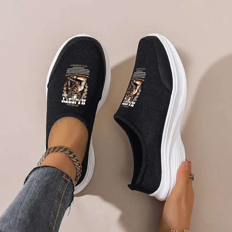 

Women's Black Mesh Slip-On Loafers: Platform Sole, Printed Design. Comfortable for Daily Commute & Casual Outings with Jeans.