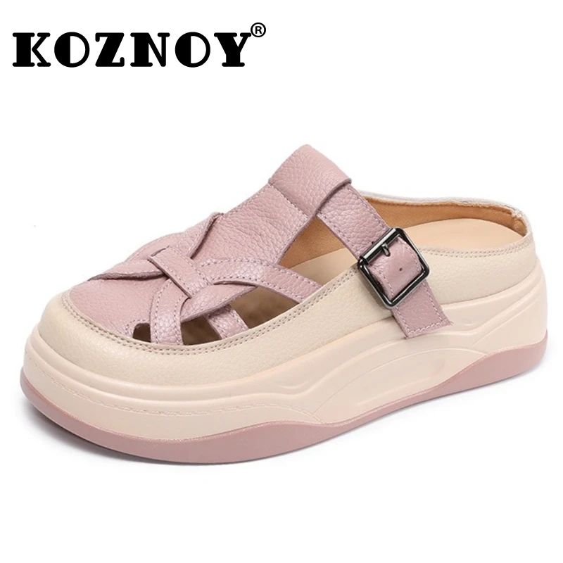 

Koznoy 4.5cm Weave Cow Genuine Leather Shoes Platform Wedge Flats Slip on Hollow Mary Jane Loafer Sandals Summer Slippers Women