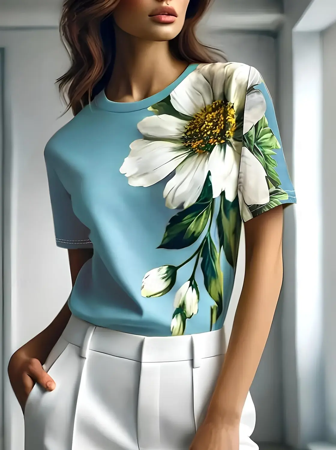 3DPrinted Short Sleeve Floral Small White Flower Printed Women's Round Neck T-shirt Summer Loose Women's Casual Short Sleeve Top