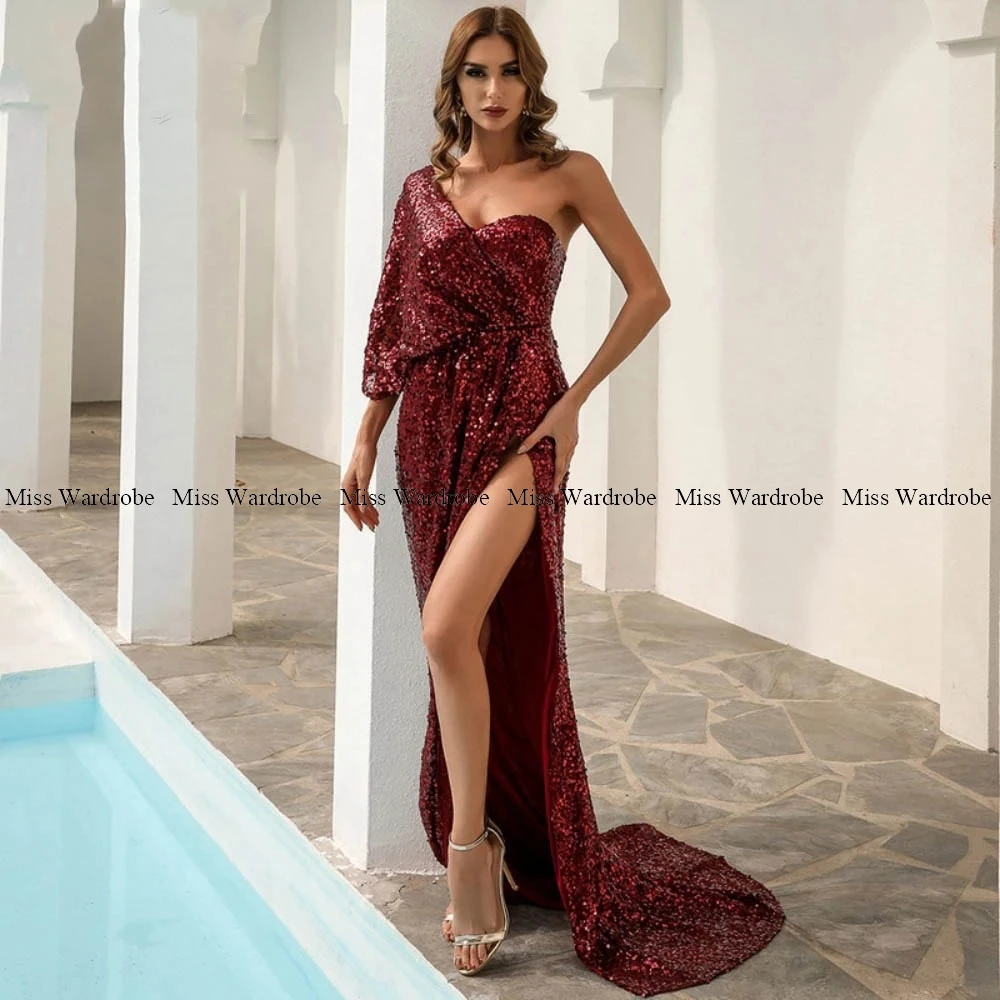 Sexy Burgundy Sequins Evening Dresses One Shoulder Short Sleeves High Side Slit  Mermaid Backless Formal Prom Party Gowns