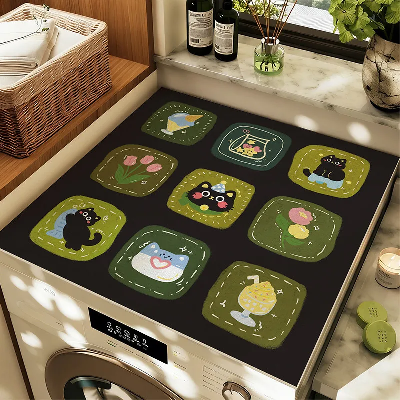 VIKAMA Green Floral Border Washing Machine Top Mat Solid Center Dot Frame Waterproof Anti Dust Laundry Dryer Surface Pad Rug