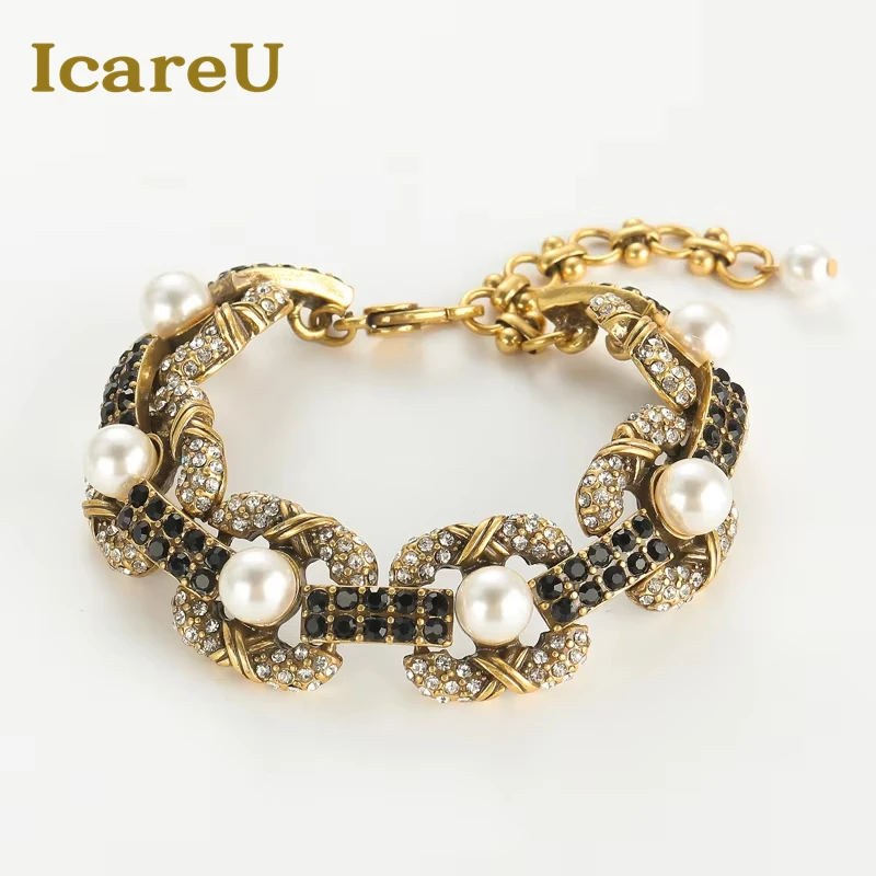 

Vintage Jewellery Pearl Bracelets For Woman 18k Real Gold Color Square Rhinestones Luxury High Quality Designers Mothers Day