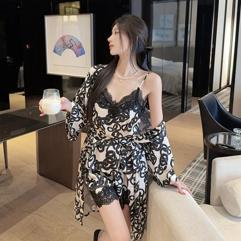 26 Spring Summer Women Ice Silk 3Piece Set Sexy Luxury Dress Robe Slip Thong Smooth Soft Pajamas Nightgown Sleepwear Homewear