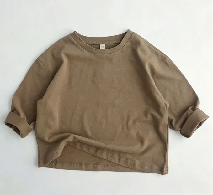 Kids Solid Color Long Sleeve T Shirt Neutral Tone Cotton Tops Soft Fabric Loose Fit Casual Tees For Toddler Wear Baby Kid Wear 6