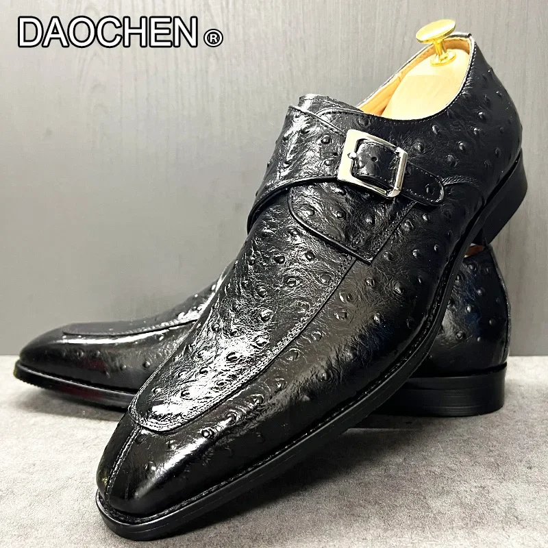 

LUXURY MEN'S GENUINE LEATHER SHOES BLACK BUCKLE STRAP OSTRICH PRINTS LOAFERS MEN DRESS WEDDING OFFICE MONK SHOES FOR MEN