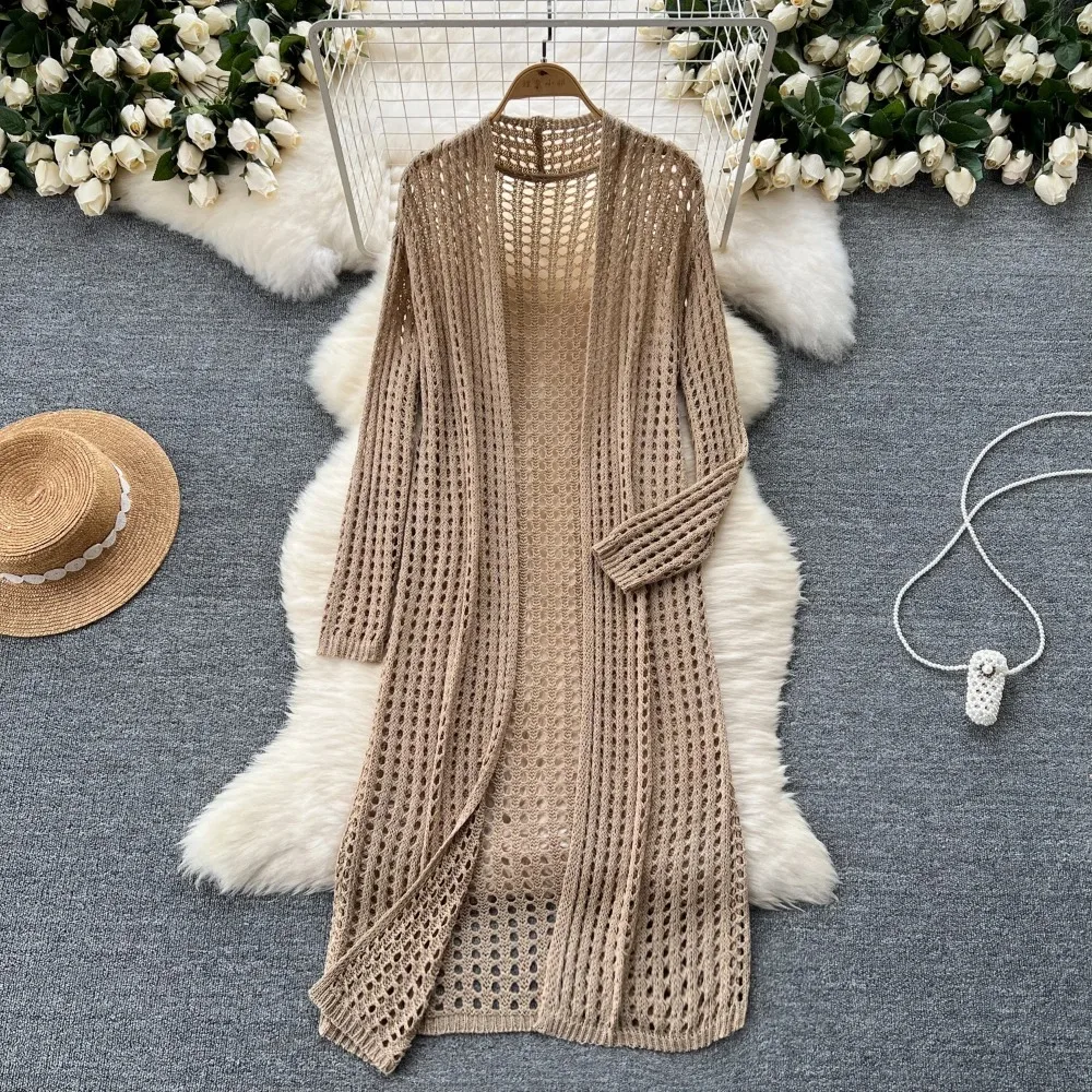 

Vintage Knit Elegant Long Sleeves Hollow Out Loose Open Stitch Long Top Korean Office Lady Women Fashion Autumn Winter Clothing