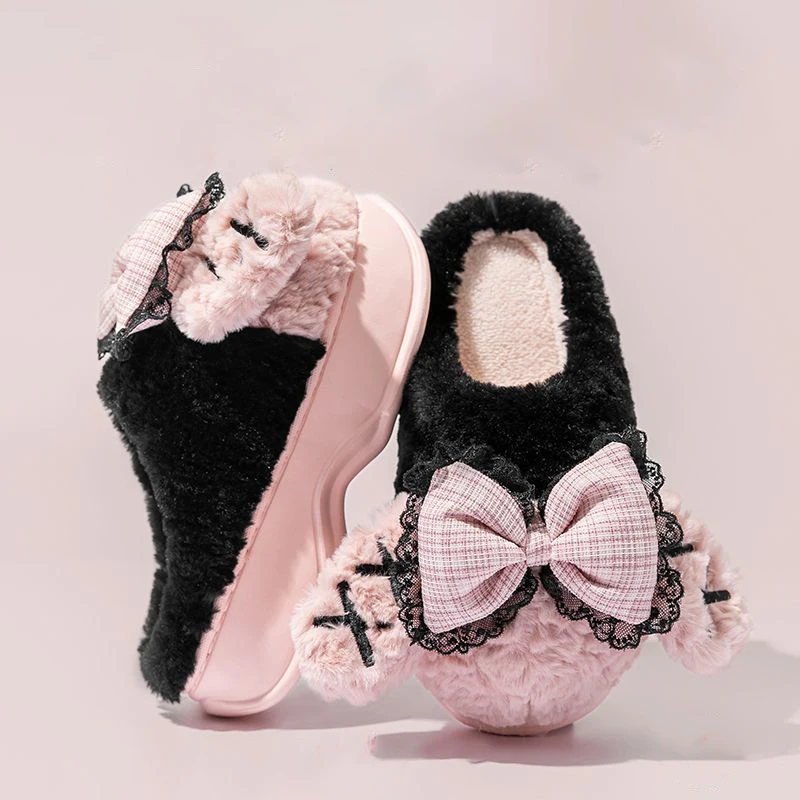 

Harajuku slides bow bunny ears slippers for women outdoor mules shoes ladies 6 cm platform fuzzy slipper goth winter flip flops