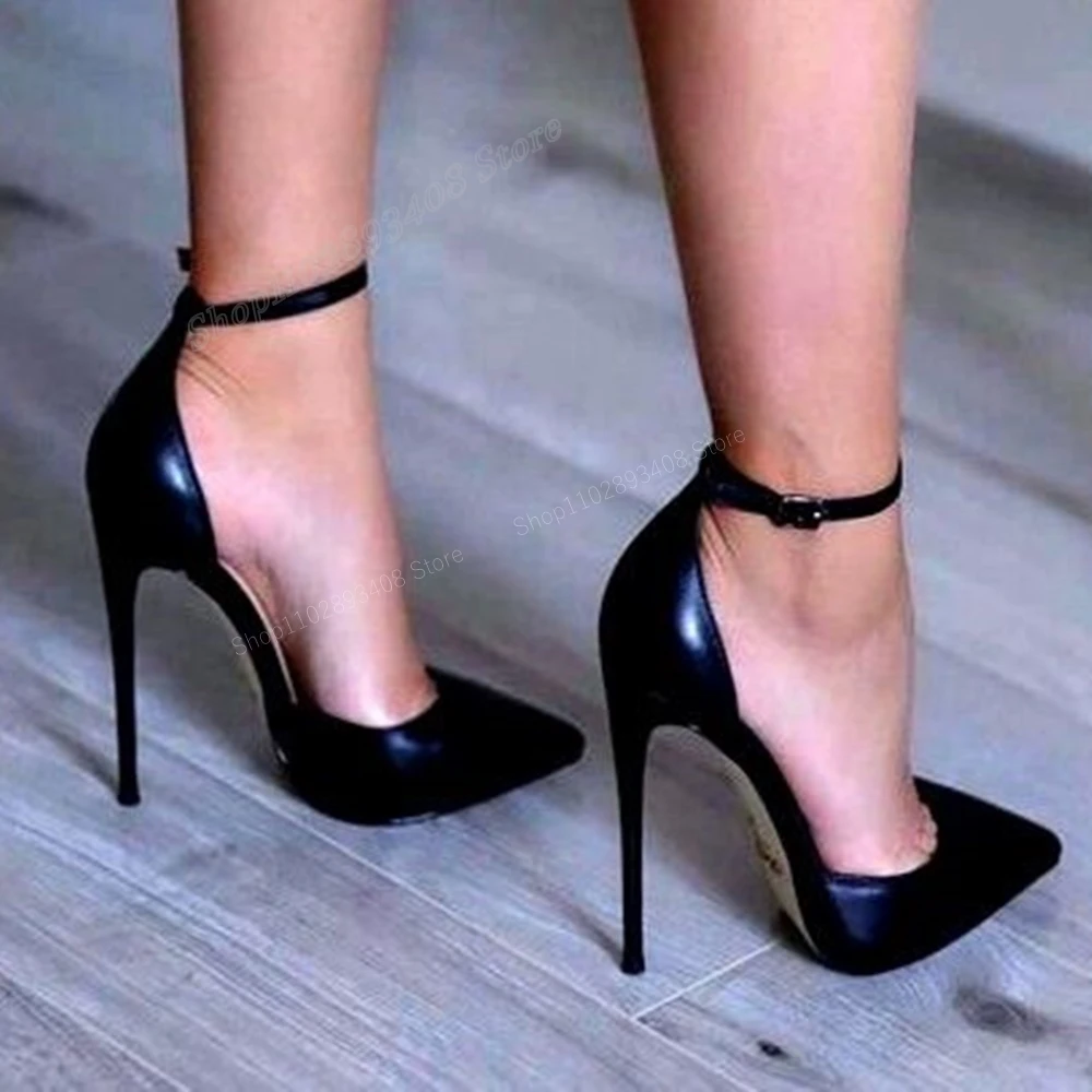 

Black Matte Leather Ankle Strap Pumps Stiletto High Heel Pointed Toe Solid Women Shoes 2024 Fashion Sexy Zapatos Para Mujere