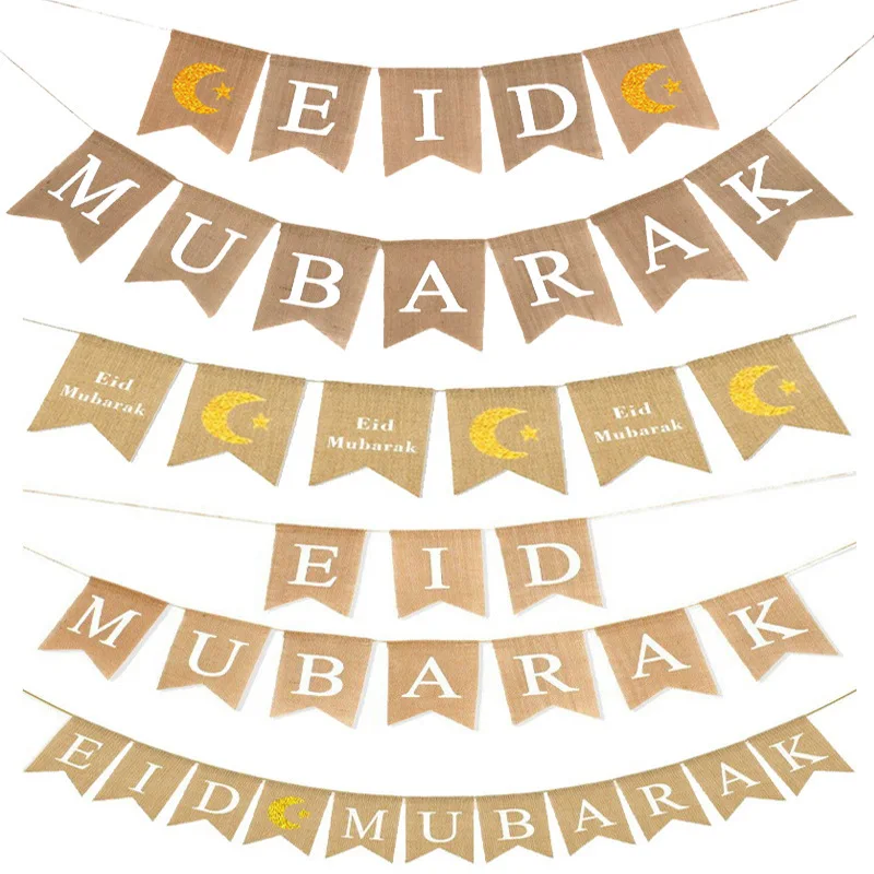 Linen Eid Mubarak Banner With Ropes Muslims Ramadan Decorations Hanging Flag Islam Home Party Decor Moon Star Pull Flags Bandera