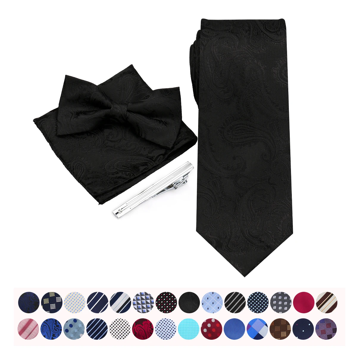 

55 Styles Men Tie Sets 4 Pcs Luxury Classic Stripe Pocket Square Bow Tie Tie Clip Paisley Floral Polka Dot Wedding Business