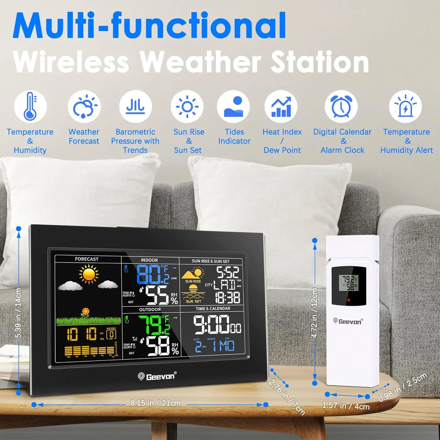 Geevon Weather Station Wireless Indoor Outdoor Thermometer, Color Display Weather With Barometer, Calendar, Adjustable Backlight