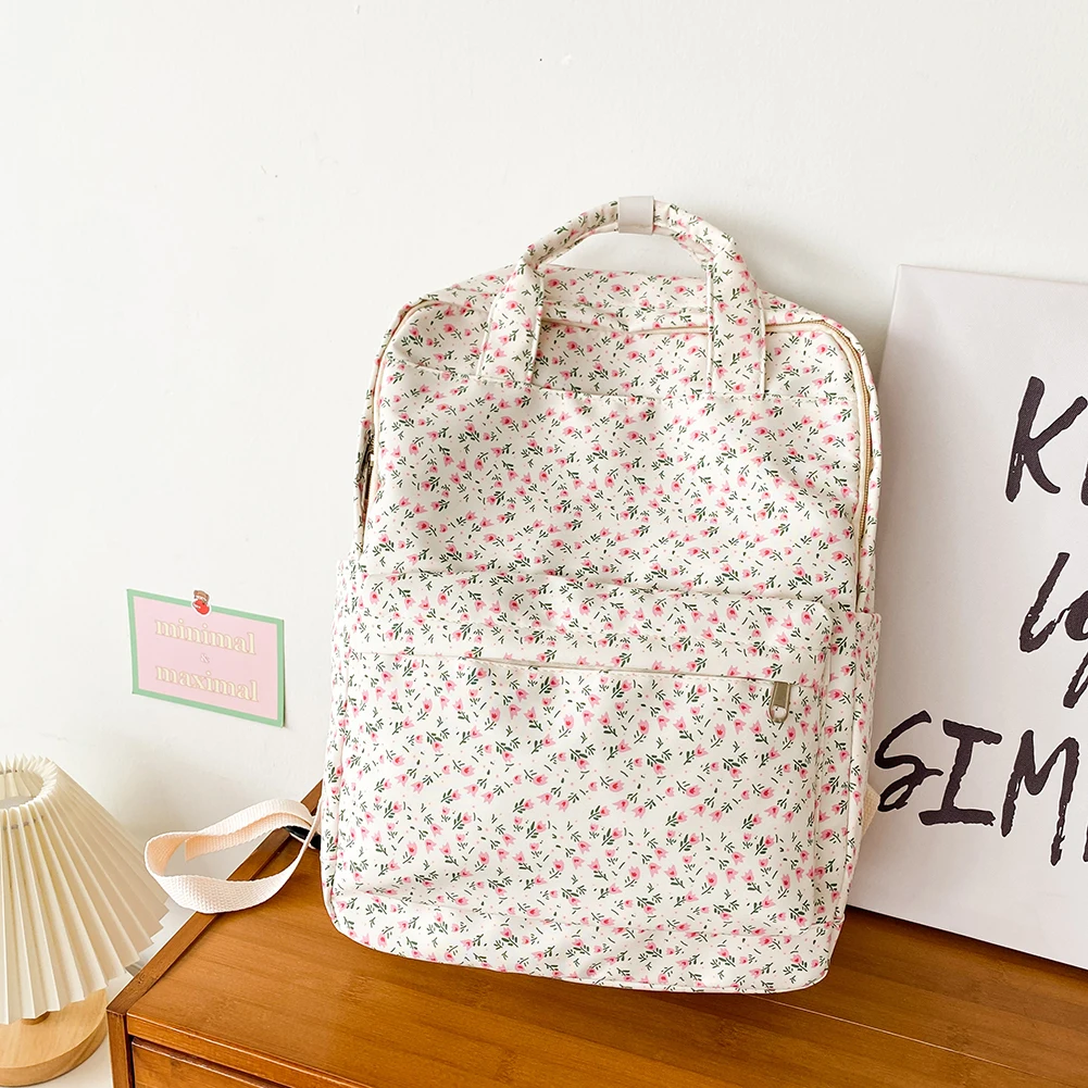 Women Simple Floral Backpack Large Capacity Canvas Travel Laptop Rucksack Adjustable Strap Students Daily Bag