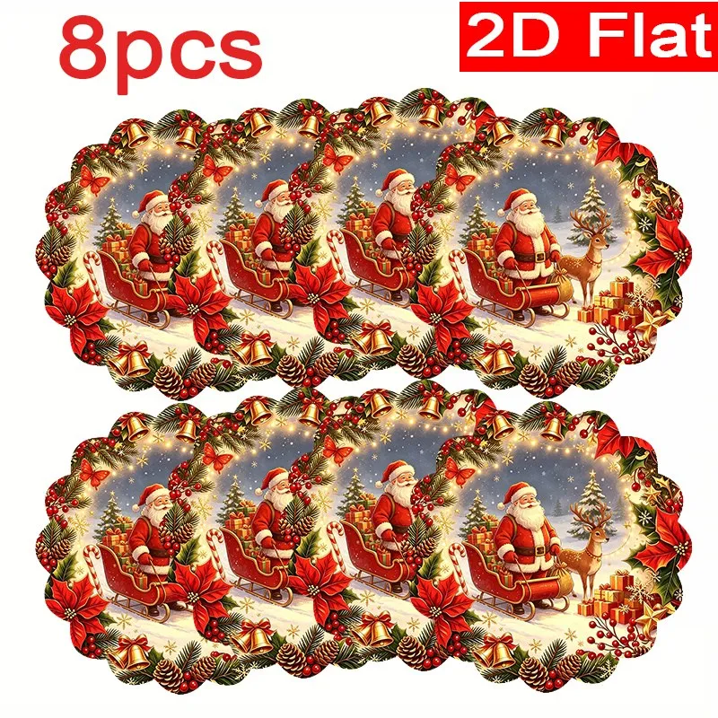 VIKAMA Linen Round Placemats, Santa Sleigh Winter Design, Washable Stain Resistant Easy Clean, Holiday Dinner Decor