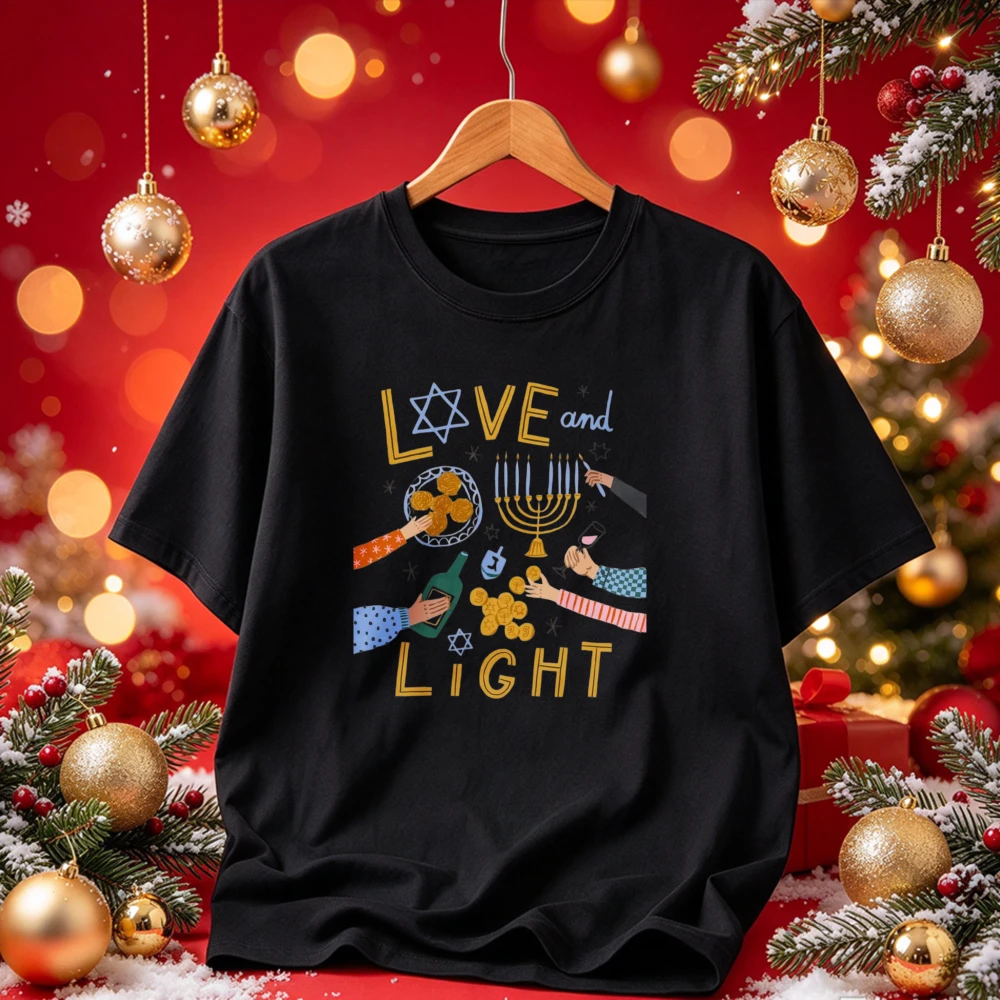 Love and Light Hanukkah Menorah Star of David Dreidel Holiday Feast Graphic Print Tees Jewish Festival of Lights Party T-Shirt