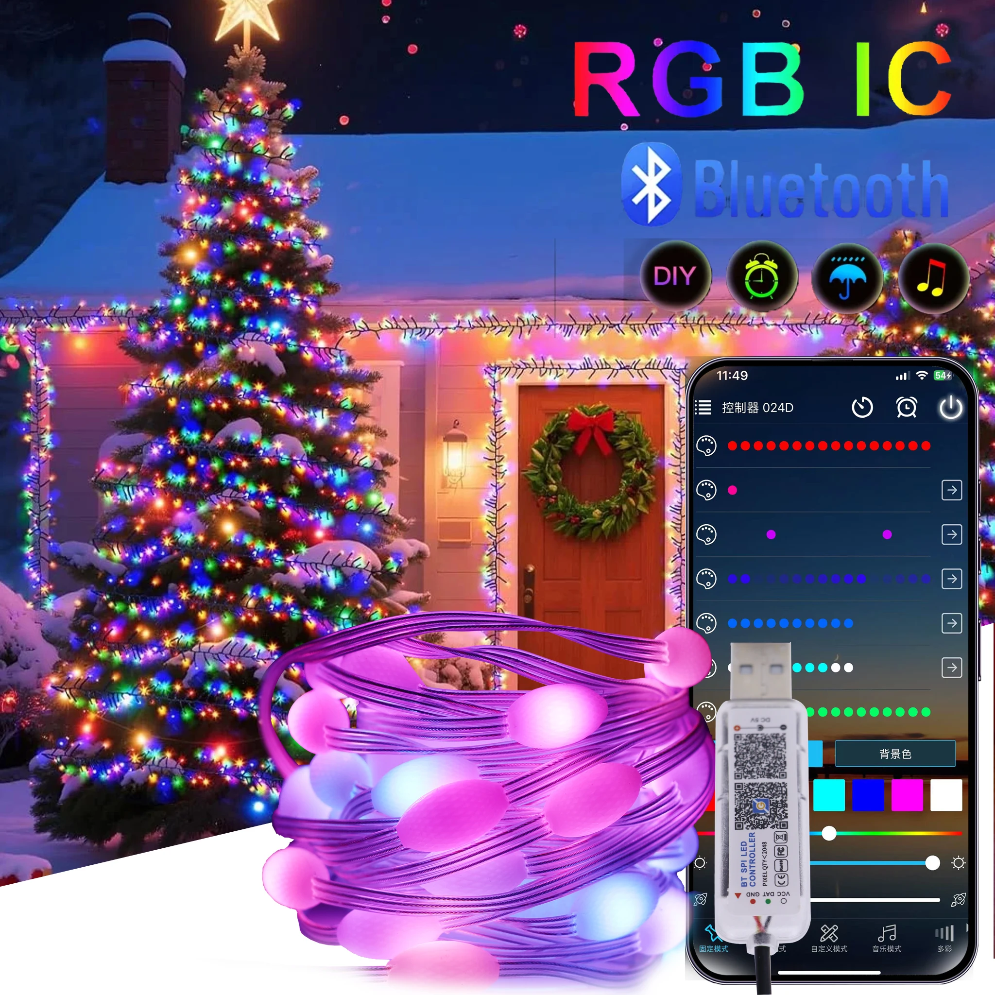 سلسلة أضواء عيد الميلاد USB WS2812 LED الذكية RGB بلوتوث مزامنة الموسيقى عن بعد مقاوم للماء للضوء الديكور في الأماكن المغلقة والخارجية