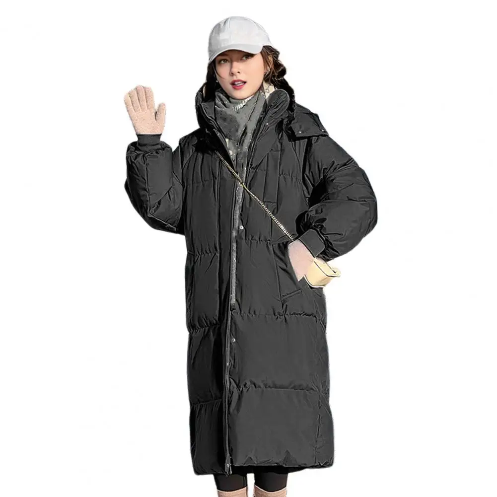 Winter Women Long Cotton Coat Mid Length Neck Long Sleeves Hooded Jacket Solid Color Pockets Zipper Closure Parkas