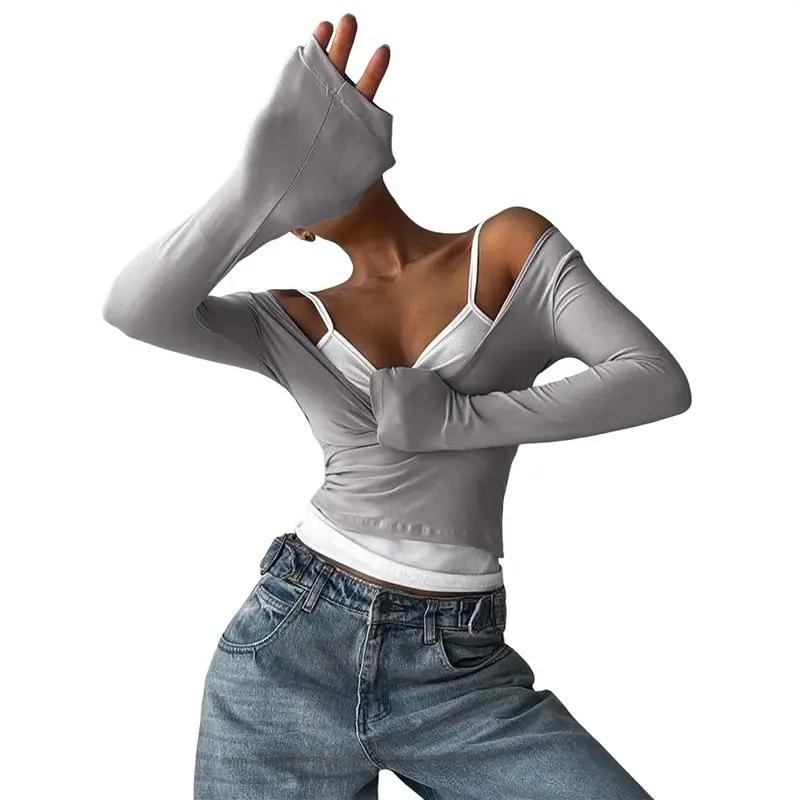 

CYL-Женская рубашка с длинным рукавом и белый топ-камизоль с открытыми плечами, комплекты для выхода в свет, футболки, наряды в стиле Y2K