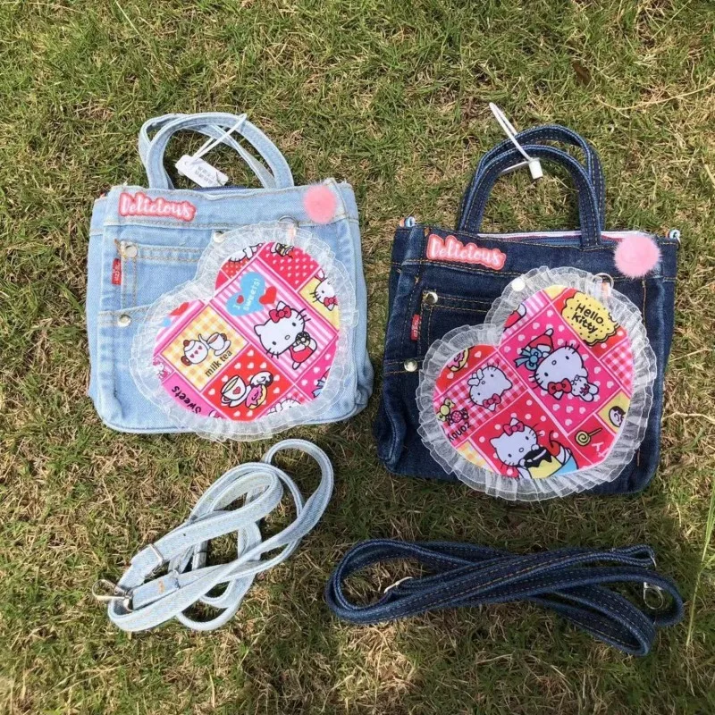 

MBTI Y2k Hello Kitty Shoulder Bag for Women Vintage Denim Small Patchwork Love Heart Handbag Lace College Style New Armpit Bag