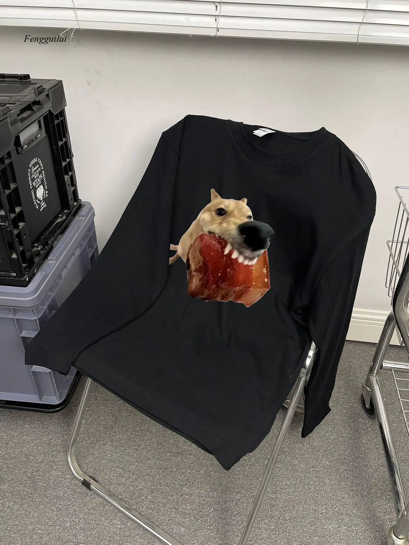 Casual Long Sleeve T-Shirt with Playful Dog & Meatball Graphic - Soft Cotton Crew Neck