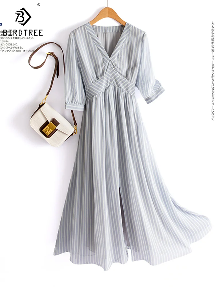 

Birdtree 100%Mulberry Silk Elegant Dress for Women V-Neck Short Sleeve Midi Dresses Striped Printing Dress Summer New D37042QM