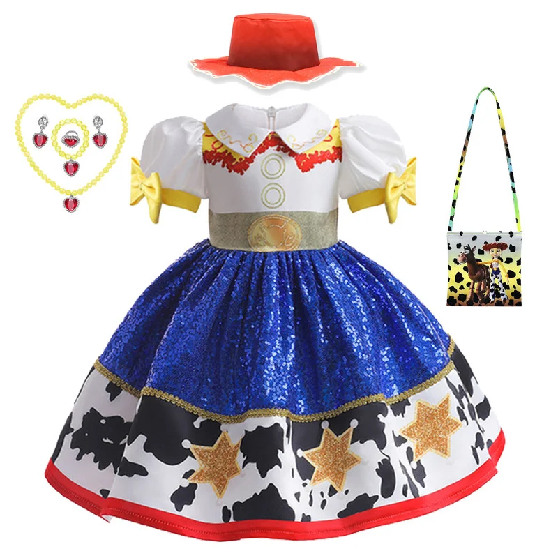 Purim Toy Story 4 Jessie Cosplay Carnival Princess Dress Short sleeve Girls Costume With wig hat For Halloween Birthday Party