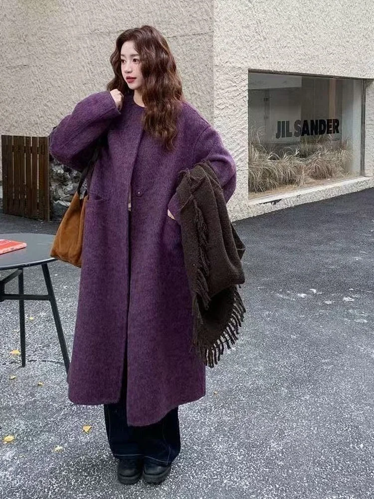 

Элегантное двустороннее шерстяное пальто фиолетового цвета с длинными рукавами для женщин: модная и теплая зимняя верхняя одежда, идеальная для Нового года