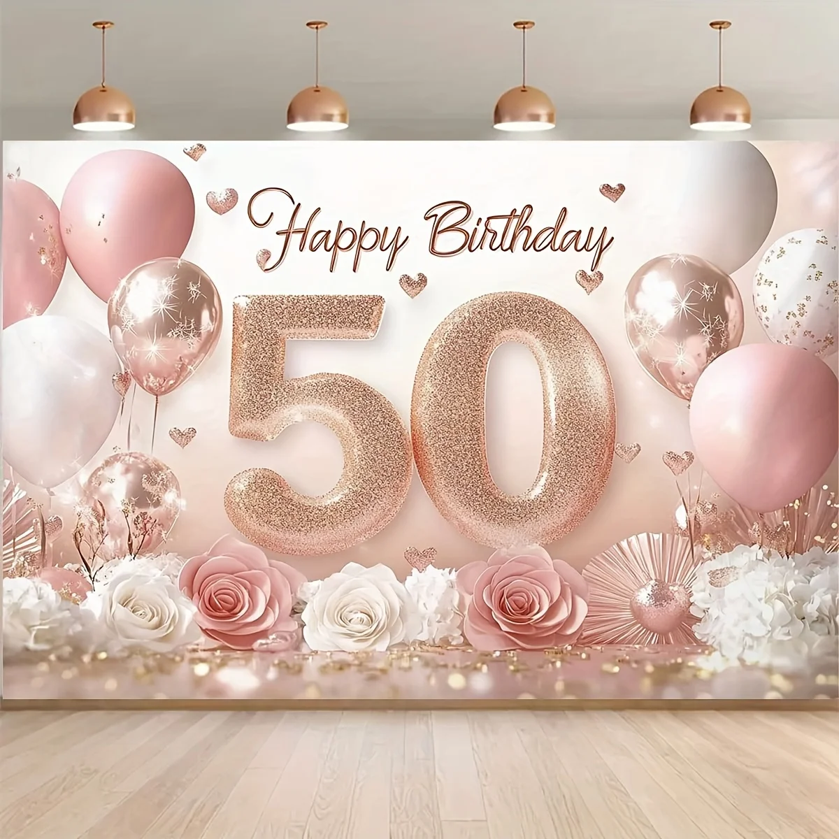 Fotografie-Hintergrundbanner-Verpackung – Fröhliche rosa Luftballons zum Thema „50er Geburtstag“, 2D-Flachstoff, Geburtstagsfeier