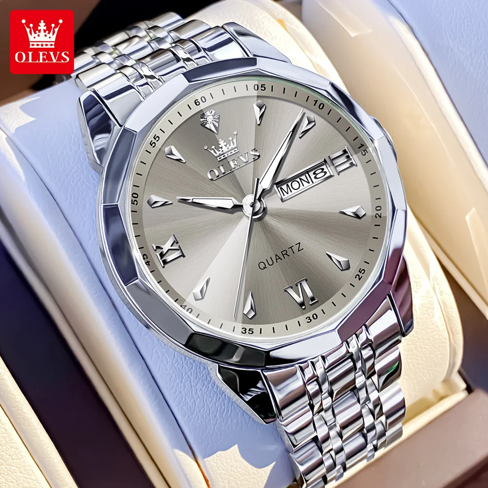 OLEVS Fashion Prism Mirror Mens Catches Orologio al quarzo con doppio calendario impermeabile originale per uomo con fibbia a farfalla in acciaio inossidabile