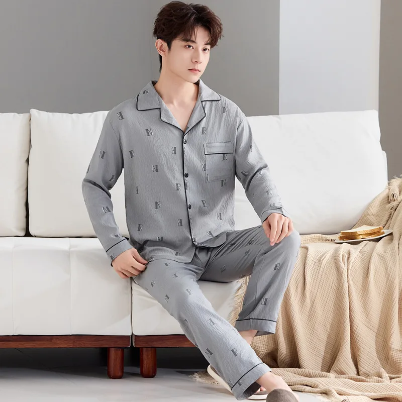 Korean Style Men's Plus Size Pyjamas Spring/Autumn Season Cloud Cotton Long-Sleeved Set Premium Teenage Pyjamas Homewear Set