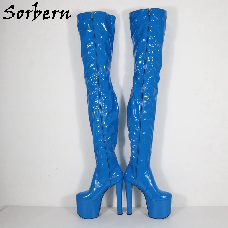 Sorbern Blue Patent Crotch Thigh Boots Women 20cm Block High Heel Platform Winter Style Cross Dresser Boot Unisex Custom