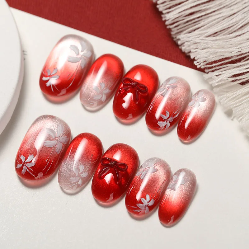 10Pcs Handmade Nail Red Gradient Cat Eye with Delicate Floral Design Elegant and Skin-Brightening Press-On Nail Tips for Women