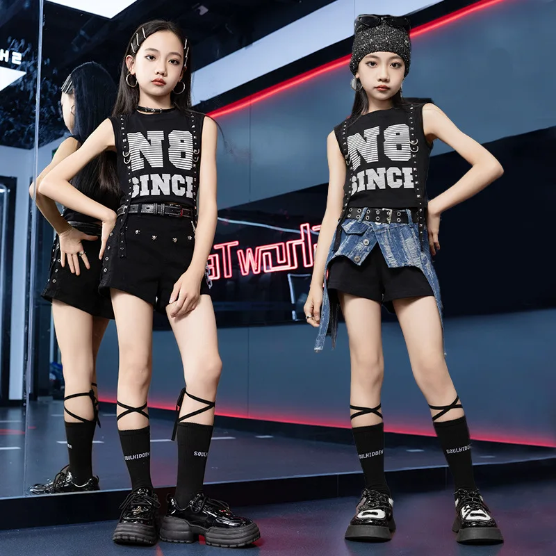 Kids Hip Hop Dance Performance Clothes Girl Crop Roll Jazz Tight Top Black Shorts Blue Waist Accessory